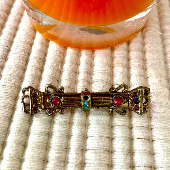 VINTAGE BAR PIN BROOCH SEED BEADS GEMSTONES JEWELRY LAPEL PIN - Picture 1 of 9